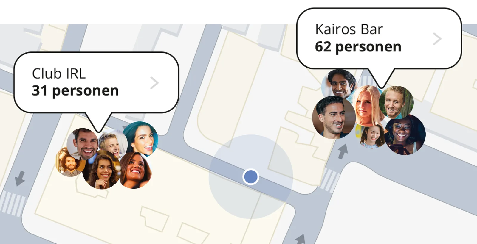Die App Choose for Real: Karte der Orte in der Nähe und Anzahl der Personen vor Ort