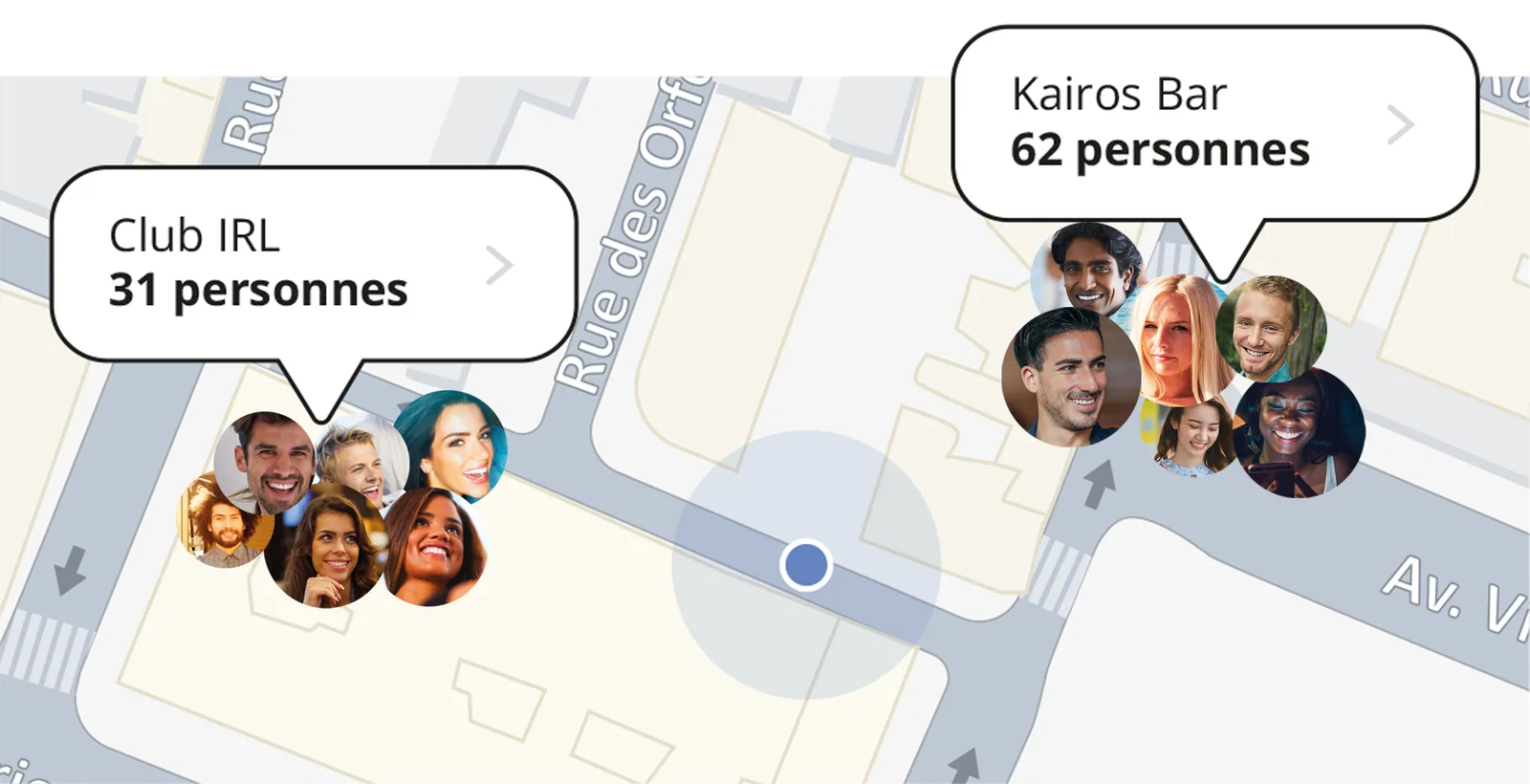 L’app Choose for Real : carte des lieux proches et nombre de personnes sur place