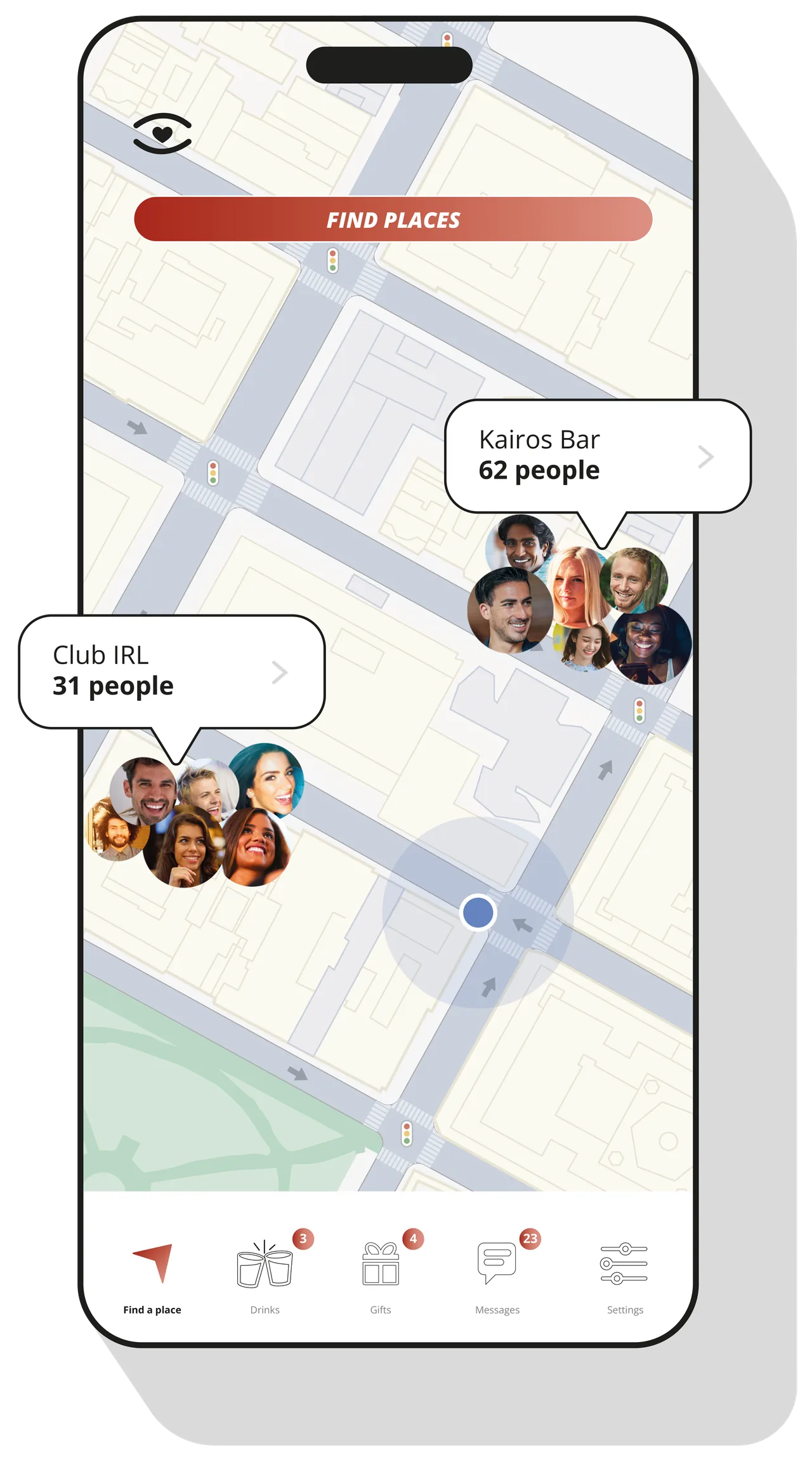 The Choose for Real app: map of nearby places and how many people are there